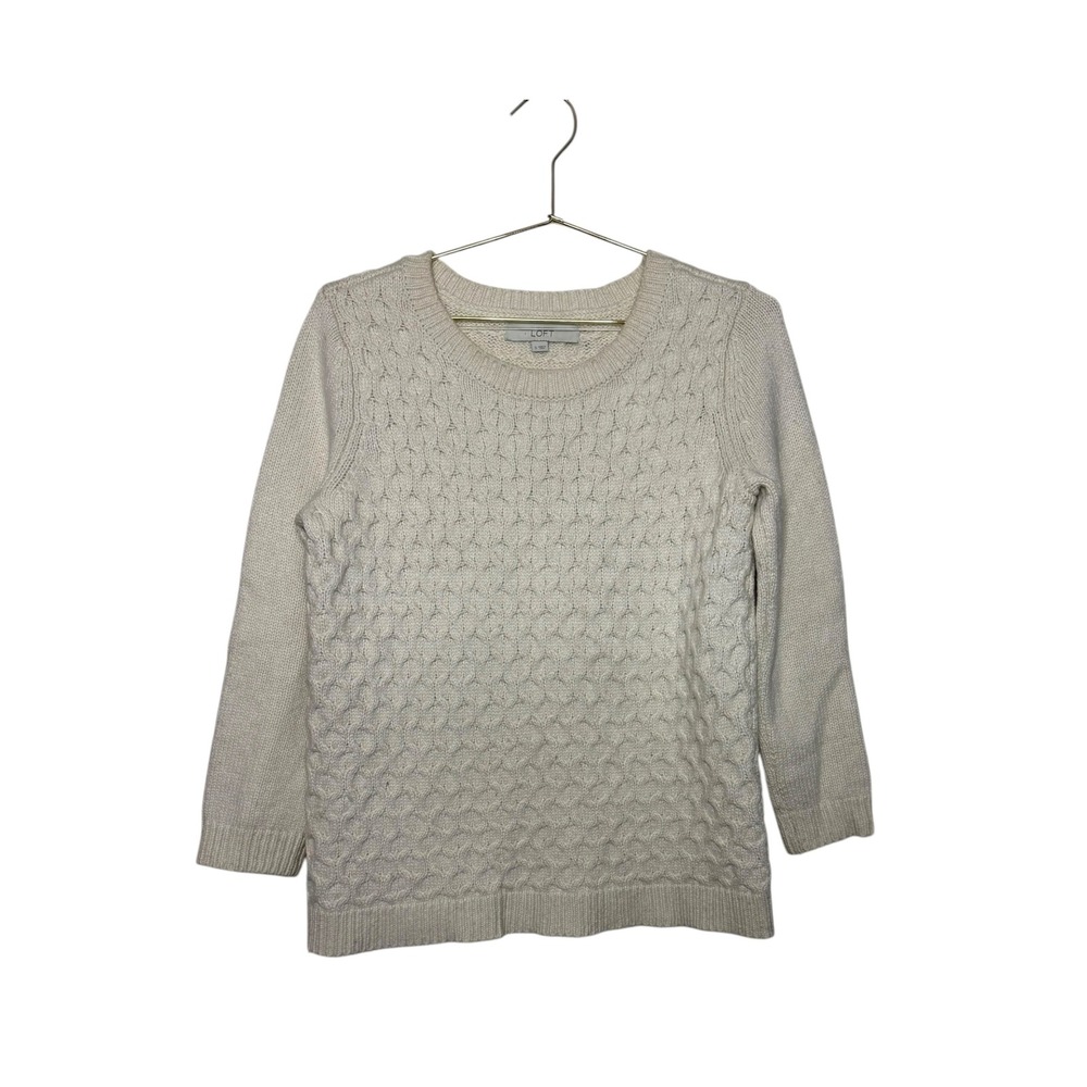 LOFT Cream Cable Knit‎ Sweater Women S Crew Neck Long Sleeve Wool Blend Cozy